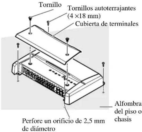Tornillo Tornillos autoterrajantes (4 ×18 mm) Cubierta de terminales Alfombra del piso o chasis Perfore un orificio de 2,5 mm de diámetro