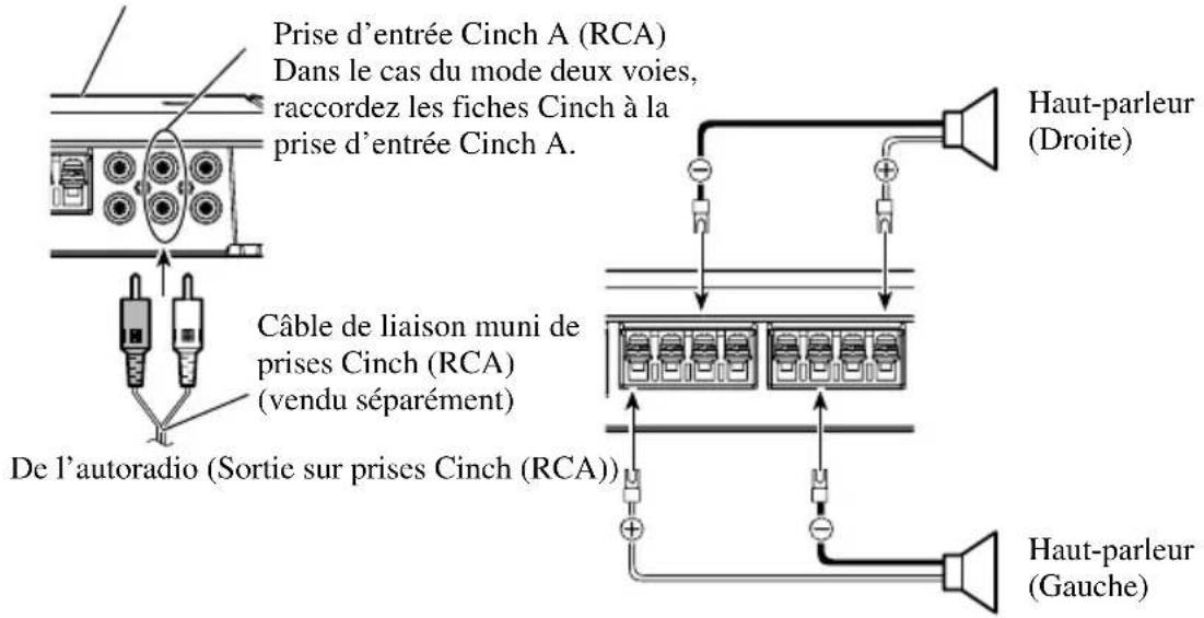 Prise d'entrée Cinch A (RCA) Dans le cas du mode deux voies, raccordez les fiches Cinch à la prise d'entrée Cinch A. Câble de liaison muni de prises Cinch (RCA) (vendu séparément) De l'autoradio (Sortie sur prises Cinch (RCA)) Haut-parleur (Droite) Haut-parleur (Gauche)