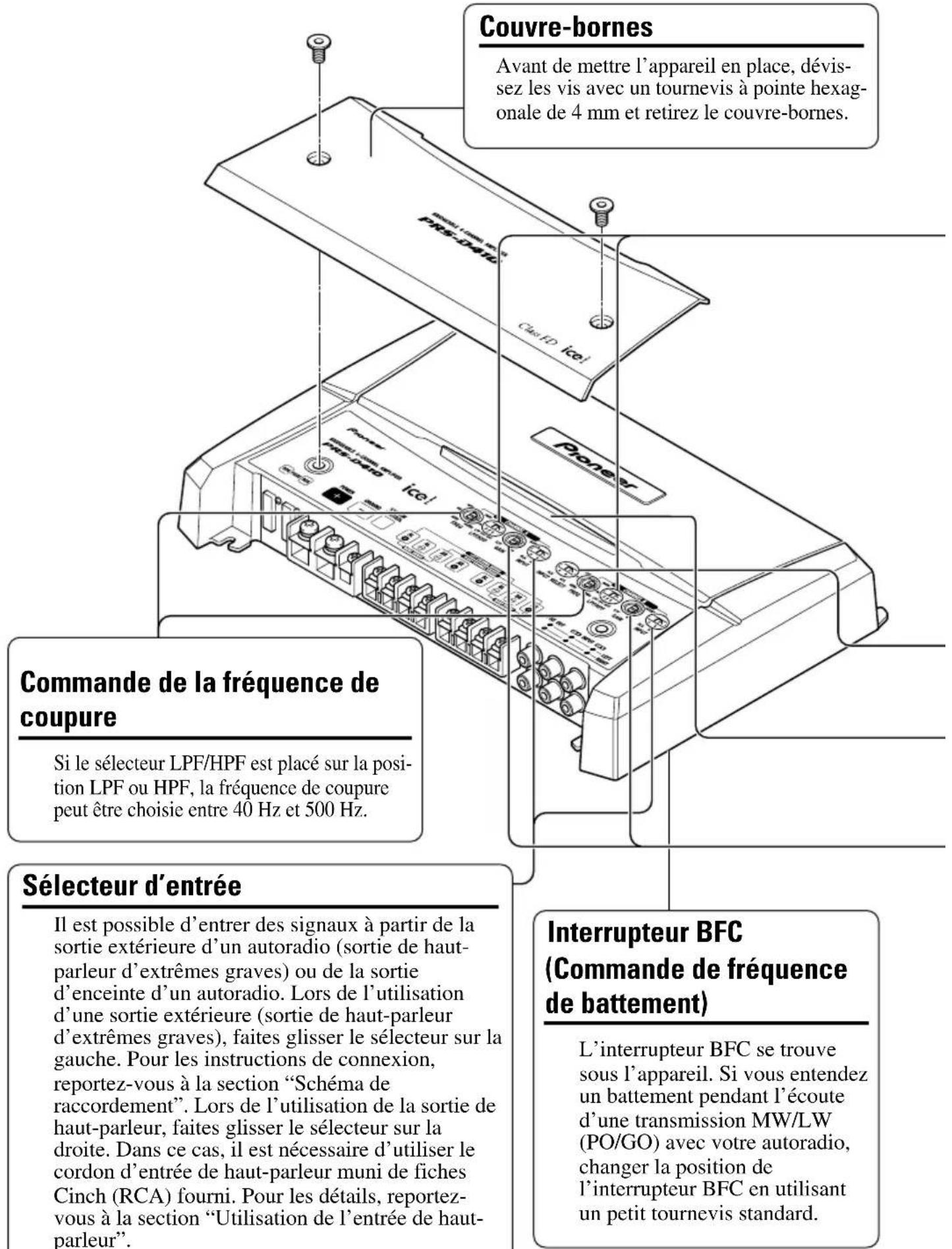 Couvre-bornes Avant de mettre l'appareil en place, dévissez les vis avec un tournevis à pointe hexagonale de 4 mm et retirez le couvre-bornes. Commande de la fréquence de coupure Si le sélecteur LPF/HPF est placé sur la position LPF ou HPF, la fréquence de coupure peut être choisie entre 40 Hz et 500 Hz. Sélecteur d'entrée Il est possible d'entrer des signaux à partir de la sortie extérieure d'un autoradio (sortie de haut-parleur d'extrêmes graves) ou de la sortie d'enceinte d'un autoradio. Lors de l'utilisation d'une sortie extérieure (sortie de haut-parleur d'extrêmes graves), faites glisser le sélecteur sur la gauche. Pour les instructions de connexion, reportez-vous à la section "Schéma de raccordement". Lors de l'utilisation de la sortie de haut-parleur, faites glisser le sélecteur sur la droite. Dans ce cas, il est nécessaire d'utiliser le cordon d'entrée de haut-parleur muni de fiches Cinch (RCA) fourni. Pour les détails, reportez-vous à la section "Utilisation de l'entrée de haut-parleur". Interrupteur BFC (Commande de fréquence de battement) L'interrupteur BFC se trouve sous l'appareil. Si vous entendez un battement pendant l'écoute d'une transmission MW/LW (PO/GO) avec votre autoradio, changer la position de l'interrupteur BFC en utilisant un petit tournevis standard.