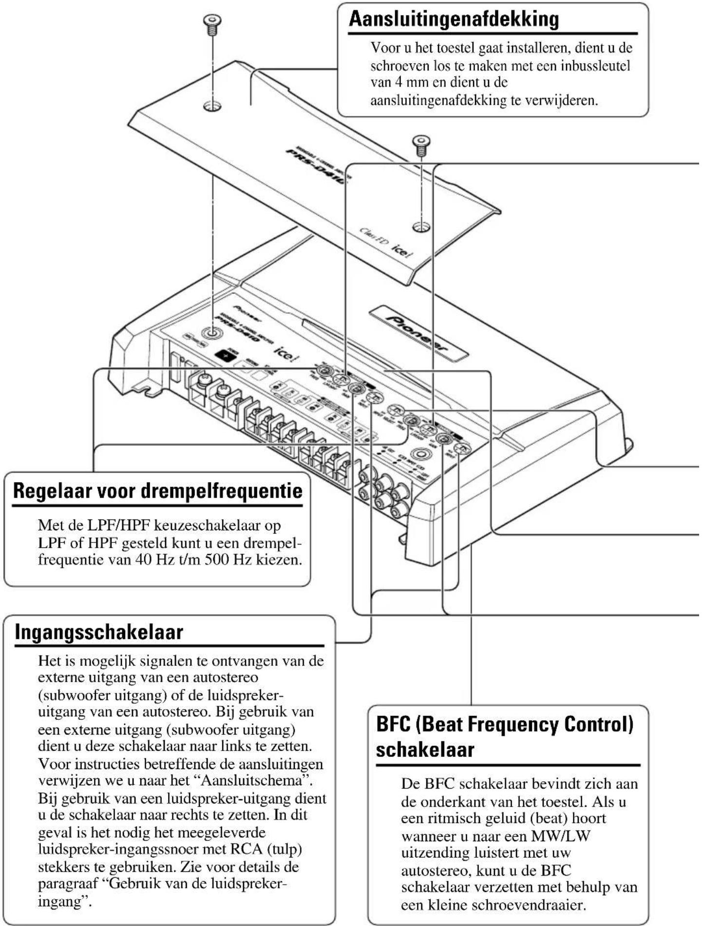 Aansluitingenafdekking Voor u het toestel gaat installeren, dient u de schroeven los te maken met een inbussleutel van 4 mm en dient u de aansluitingenafdekking te verwijderen. Regelaar voor drempelfrequentie Met de LPF/HPF keuzeschakelaar op LPF of HPF gesteld kunt u een drempelfrequentie van 40 Hz t/m 500 Hz kiezen. Ingangsschakelaar Het is mogelijk signalen te ontvangen van de externe uitgang van een autostereo (subwoofer uitgang) of de luidspreker-uitgang van een autostereo. Bij gebruik van een externe uitgang (subwoofer uitgang) dient u deze schakelaar naar links te zetten. Voor instructies betreffende de aansluitingen verwijzen we u naar het "Aansluitschema". Bij gebruik van een luidspreker-uitgang dient u de schakelaar naar rechts te zetten. In dit geval is het nodig het meegeleverde luidspreker-ingangssnoer met RCA (tulp) stekkers te gebruiken. Zie voor details de paragraaf "Gebruik van de luidspreker-ingang". BFC (Beat Frequency Control) schakelaar De BFC schakelaar bevindt zich aan de onderkant van het toestel. Als u een ritmisch geluid (beat) hoort wanneer u naar een MW/LW uitzending luistert met uw autostereo, kunt u de BFC schakelaar verzetten met behulp van een kleine schroevendraaier.