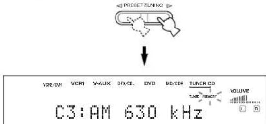 YAMAHA RXV630RDS - Druk op PRESET/TUNING / en selecteer een voorkeuzenummer (1 t/m 8) verwijl de "MEMORY" indicator nog knippert. - 1