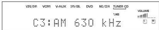 VCR2/DIR VCR1 V-AUX OTV/DEL DVD MD/CD4 TUNER CD C3:AM 630 kHz TUNED VOLUME