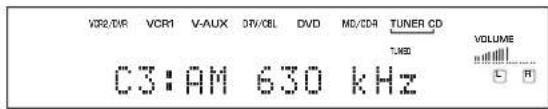 VCR2/DIR VCR1 V-AUX 3TV/CBL DVD MD/CD4 TUNER CD C3:AM 630 kHz TUNED VOLUME L R