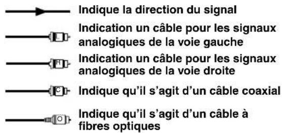 Indique la direction du signal Indication un câble pour les signaux analogiques de la voie gauche Indication un câble pour les signaux analogiques de la voie droite Indique qu'il s'agit d'un câble coaxial Indique qu'il s'agit d'un câble à fibres optiques