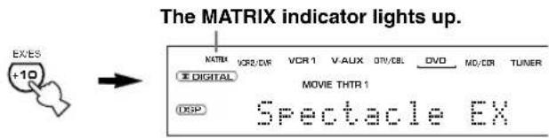 The MATRIX indicator lights up. EX/ES +10 NATRM VCR2/DIF VCR 1 V.AUX OTV/CE DVD MD/DR TUNER DIGITAL MOVIE THTR 1 DSP Spectacle EX
