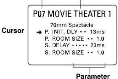 P07 MOVIE THEATER 1 70mm Spectacle → P. INIT. DLY •• 13ms P. ROOM SIZE •• 1.0 S. DELAY •••• 23ms S. ROOM SIZE •• 1.0 Cursor Parameter