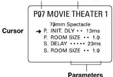 P07 MOVIE THEATER 1 70mm Spectacle → P. INIT. DLY •• 13ms P. ROOM SIZE •• 1.0 S. DELAY ••••• 23ms S. ROOM SIZE •• 1.0 Cursor Parameters