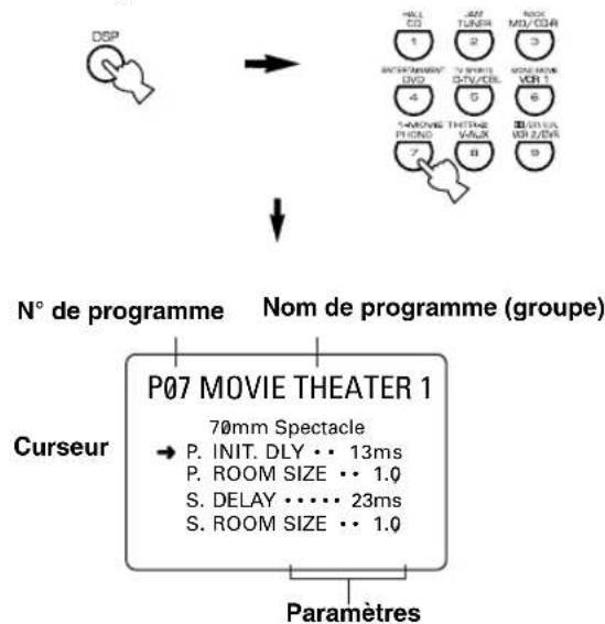 DSP N° de programme Nom de programme (groupe) P07 MOVIE THEATER 1 Curseur 70mm Spectacle → P. INIT. DLY •• 13ms P. ROOM SIZE •• 1.0 S. DELAY •••• 23ms S. ROOM SIZE •• 1.0 Paramètres