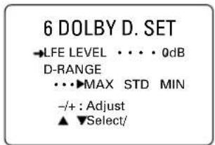 6 DOLBY D. SET →LFE LEVEL •••• 0dB D-RANGE •••▶MAX STD MIN -/+ : Adjust ▲ ▼Select/