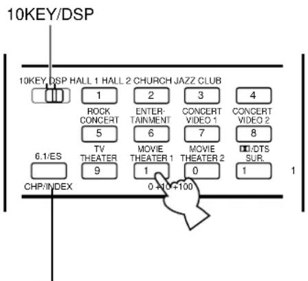 10KEY/DSP 10KEY, DSP HALL 1 HALL 2 CHURCH JAZZ CLUB 1 2 3 4 ROCK CONCERT 5 6 ENTERTAINMENT 7 CONCERT VIDEO 1 8 TV THEATER 9 MOVIE THEATER 1 1 MOVIE THEATER 2 0 □/DTS SUR. 1 CHP/INDEX 0 +10 +100