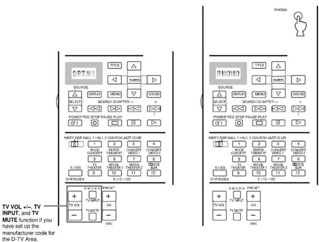 TV VOL +/-, TV INPUT, and TV MUTE function if you have set up the manufacturer code for the D-TV Area. 10KEY DSP HALL 1 HALL 2 CHURCH JAZZ CLUB 1 2 3 4 ROCK CONCERT 5 6 7 8 TV THEATER 9 10 11 12 COMPT VOUTS SUR CHP/INDEX 0 +10 = 100 A/B/C/D/E PRESET + TV VOL - + - CH DISC TITLE ENTER SOURCE DISPLAY MENU SOUND SEARCH CHAPTER - + POWER REC STOP PAUSE PLAY PHONO TITLE ENTER SOURCE DISPLAY MENU SOUND SEARCH CHAPTER - + POWER REC STOP PAUSE PLAY PHONO TITLE ENTER SOURCE DISPLAY MENU SOUND SEARCH CHAPTER - + POWER REC STOP PAUSE PLAY PHONO TITLE ENTER SOURCE DISPLAY MENU SOUND SEARCH CHAPTER - + POWER REC STOP PAUSE PLAY PHONO TITLE ENTER SOURCE DISPLAY MENU SOUND SEARCH CHAPTER - + POWERCIPANIONEER CONCEPT VIDEO 1 CONCEPT VIDEO 2 CONCEPT VIDEO 3 CONCEPT VIDEO 4 CONCEPT VIDEO 5 CONCEPT VIDEO 6 CONCEPT VIDEO 7 CONCEPT VIDEO 8 CONCEPT VIDEO 9 CONCEPT VIDEO 10 CONCEPT VIDEO 11 CONCEPT VIDEO 12 CONCEPT VIDEO 13 CONCEPT VIDEO 14 CONCEPT VIDEO 15 CONCEPT VIDEO 16 CONCEPT VIDEO 17 CONCEPT VIDEO 18 CONCEPT VIDEO 19 CONCEPT VIDEO 20 CONCEPT VIDEO 21 CONCEPT VIDEO 22 CONCEPT VIDEO 23 CONCEPT VIDEO 24 CONCEPT VIDEO 25 CONCEPT VIDEO 26 CONCEPT VIDEO 27 CONCEPT VIDEO 28 CONCEPT VIDEO 29 CONCEPT VIDEO 30 CONCEPT VIDEO 31 CONCEPT VIDEO 32 CONCEPT VIDEO 33 CONCEPT VIDEO 34 CONCEPT VIDEO 35 CONCEPT VIDEO 36 CONCEPT VIDEO 37 CONCEPT VIDEO 38 CONCEPT VIDEO 39 CONCEPT VIDEO 40 CONCEPT VIDEO 41 CONCEPT VIDEO 42 CONCEPT VIDEO 43 CONCEPT VIDEO 44 CONCEPT VIDEO 45 CONCEPT VIDEO 46 CONCEPT VIDEO 47 CONCEPT VIDEO 48 CONCEPT VIDEO 49 CONCEPT VIDEO 50