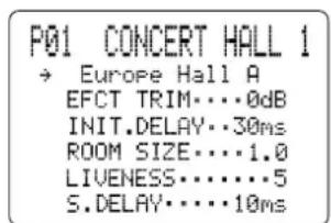 P01 CONCERT HALL 1 → Europe Hall A EFCT TRIM...0dB INIT.DELAY...30ms ROOM SIZE...1.0 LIVENESS...5 S.DELAY...10ms