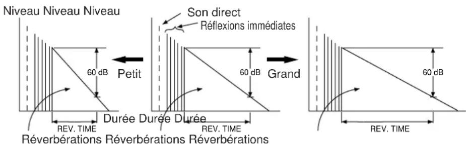 Niveau Niveau Niveau 60 dB Petit Son direct Réflexions immédiates 60 dB Grand Duree Durée Durée REV. TIME REV. TIME Réverbérations Réverbérations Réverbérations 60 dB REV. TIME