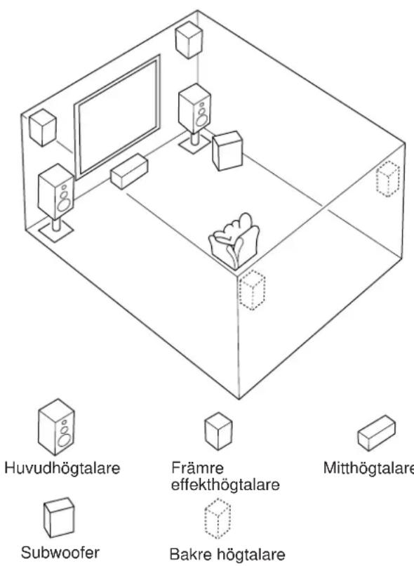 Huvudhögtalare Främre effekthögtalare Mitthögtalare Subwoofer Bakre högtalare