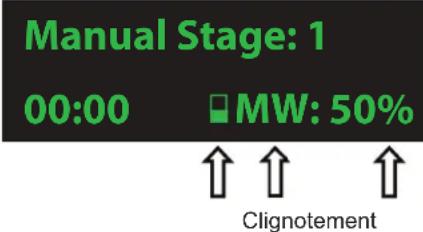 Manual Stage: 1 00:00 □MW: 50% ↑ ↑ ↑ Clignotement