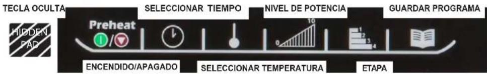 TECLA OCULTA SELECCIONAR TIEMPO NIVEL DE POTENCIA GUARDAR PROGRAMA HIDDEN PAD Preheat 1 / 10 1 2 3 4 ENCENDIDO/APAGADO SELECCIONAR TEMPERATURA ETAPA