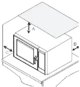 Technical diagram of a device with labeled components A, B, and C, showing directional arrows indicating assembly or movement.