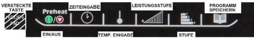 VERSTECKTE TASTE HIDDEN PAD Preheat ZEITEINGABE LEISTUNGSSTUFE PROGRAMM SPEICHERN EIN/AUS TEMP. EINGABE STUFE