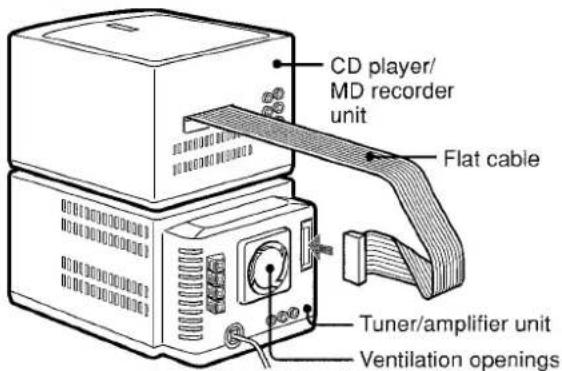 AIWA XRMD90 - Place the CD player/MD recorder unit on top of the tuner/amplifier unit and plug in the connector of the flat cable as shown below. - 1