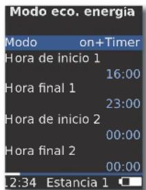 Modo eco. energía Modo on+Timer Hora de inicio 1 16:00 Hora final 1 23:00 Hora de inicio 2 00:00 Hora final 2 00:00 12:34 Estancia 1