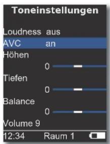 Toneinstellungen Loudness aus AVC an Höhen 0 Tiefen 0 Balance 0 Volume 9 12:34 Raum 1