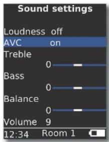 Sound settings Loudness off AVC on Treble 0 Bass 0 Balance 0 Volume 9 12:34 Room 1