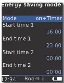 Energy saving mode Mode on+Timer Start time 1 16:00 End time 1 23:00 Start time 2 00:00 End time 2 00:00 12:34 Room 1