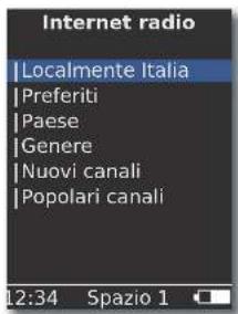 Internet radio |Localmente Italia |Preferiti |Paese |Genere |Nuovi canali |Popolari canali 12:34 Spazio 1