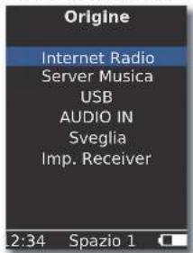 Origine Internet Radio Server Musica USB AUDIO IN Sveglia Imp. Receiver 2:34 Spazio 1