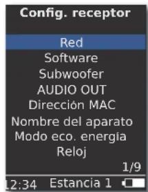 Config. receptor Red Software Subwoofer AUDIO OUT Dirección MAC Nombre del aparato Modo eco. energía Reloj 1/9 12:34 Estancia 1