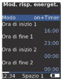 Mod. risp. energet. Modo on+Timer Ora di inizio 1 16:00 Ora di fine 1 23:00 Ora di inizio 2 00:00 Ora di fine 2 00:00 12:34 Spazio 1