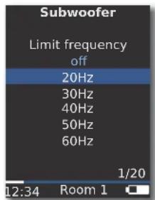 Subwoofer Limit frequency off 20Hz 30Hz 40Hz 50Hz 60Hz 1/20 12:34 Room 1