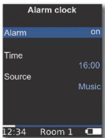 Alarm clock Alarm on Time 16:00 Source Music 12:34 Room 1
