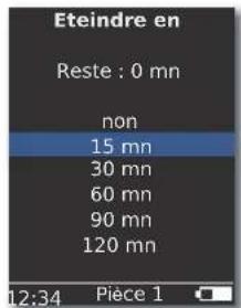 Eteindre en Reste : 0 mn non 15 mn 30 mn 60 mn 90 mn 120 mn 12:34 Pièce 1