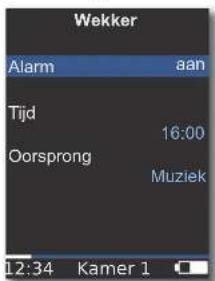Wekker Alarm aan Tijd 16:00 Oorsprong Muziek 12:34 Kamer 1