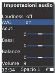 Impostazioni audio Loudness off AVC on Acuti 0 Bassi 0 Balance 0 Volume 9 12:34 Spazio 1