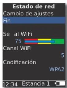 Estado de red Cambio de ajustes Fin Se al WiFi 75 Canal WiFi 5 Codificación WPA2 12:34 Estancia 1