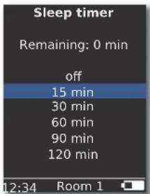 Sleep timer Remaining: 0 min off 15 min 30 min 60 min 90 min 120 min 12:34 Room 1