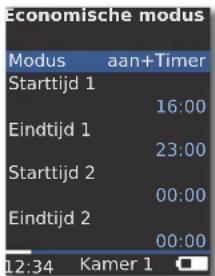 Economische modus Modus aan+Timer Starttijd 1 16:00 Eindtijd 1 23:00 Starttijd 2 00:00 Eindtijd 2 00:00 12:34 Kamer 1