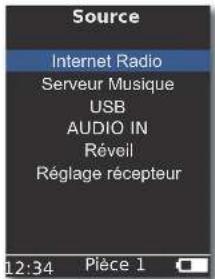 Source Internet Radio Serveur Musique USB AUDIO IN Réveil Réglage récepteur 12:34 Pièce 1