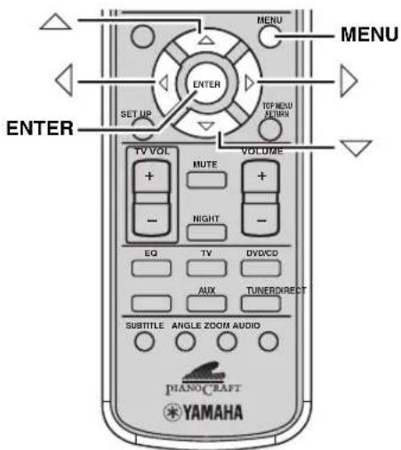MENU MENU ENTER SET UP VOLUME TV VOL MUTE + - NIGHT - EQ TV DVD/CD AUX TUNERDIRECT SUBTITLE ANGLE ZOOM AUDIO PIANOCRAFT YAMAHA