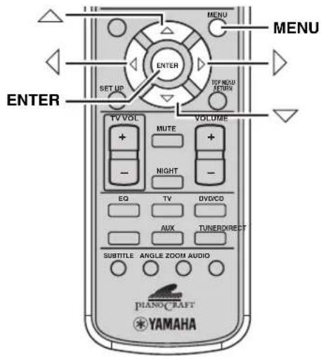 MENU MENU ENTER SET UP VOLUME TV VOL MUTE + - NIGHT - EQ TV DVD/CD AUX TUNER/DIRECT SUBTITLE ANGLE ZOOM AUDIO PIANOCRAFT YAMAHA