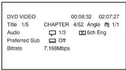 DVD VIDEO 00:08:32 02:07:27 Title 1/5 CHAPTER 4/52 Angle 1/1 Audio 1/3 6ch Eng Preferred Sub Off Bitrate 7.168Mbps