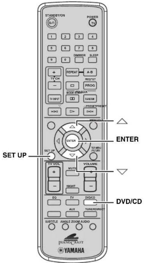 STANDBYON POWER TV 1 2 3 4 5 6 7 8 9 0 DIMMER SLEEP + TV CH - REPEAT A-B RESET PROG MODE SWITCH TV INPUT RANDOM PRESET/PRESIST PRESET/PRESIST →> →> →> NEW/OFF ENTER ENTER SET UP SET UP VOLUME TV VOL MUTE - NIGHT - EQ TV DVD/CD AUX TUNER/DIRECT SUBTITLE ANGLE ZOOM AUDIO DIANGCRAFT YAMAHA