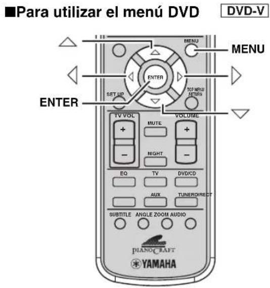 Para utilizar el menú DVD DVD-V MENU MENU ENTER SET UP VOLUME TV VOL MUTE + - NIGHT - EQ TV DVD/CD AUX TUNER/DIRECT SUBTITLE ANGLE ZOOM AUDIO PIANOCRAFT YAMAHA