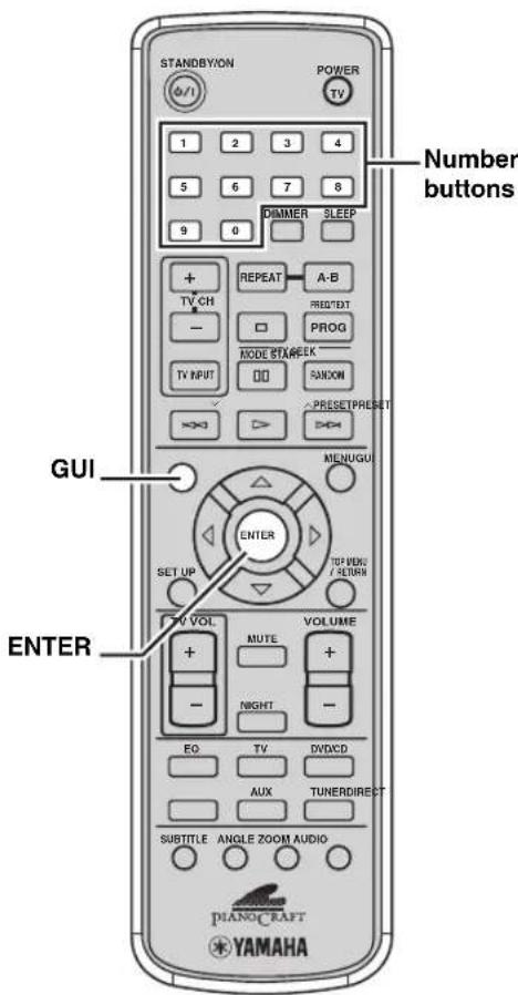 STANDBYION POWER TV 1 2 3 4 5 6 7 8 9 0 DIMMER SLEEP Number buttons + REPEAT A-B TV CH PROG - MODE STAREEK TV INPUT RANDOM PRESETPRESET PRESETPRESET MENUGUI GUI ENTER SET UP TOP PUNK / RETURN TV VOL VOLUME MUTE + - NIGHT - EO TV DVD/CD AUX TUNERDIRECT SUBTITLE ANGLE ZOOM AUDIO PIANOICRAFT YAMAHA