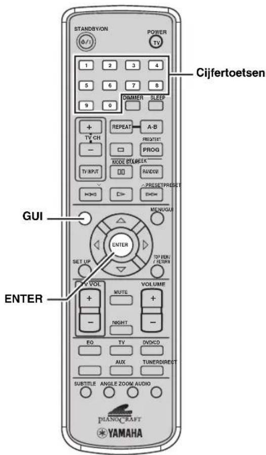 STANDBYION POWER TV 1 2 3 4 5 6 7 8 9 0 DIMMER SLEEP Cijfertoetsen + REPEAT A-B TV CH PRETEST - PROG MODE STANFEEK TV INPUT RANDOM PRESET PRESET → MENUGUI GUI ENTER SET UP TOP HOLE / SEURN TV VOL VOLUME + MUTE + - NIGHT - EO TV DVDCD AUX TUNERDIRECT SUBTITLE ANGLE ZOOM AUDIO PLANOCRAFT YAMAHA