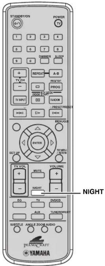 STANDBY/ON POWER TV 1 2 3 4 5 6 7 8 9 0 DIMMER SLEEP + REPEAT A-B TV CH RED*BT - MODE SEEK PROG TV INPUT DD RANDOM PRESETPRESIST MENUGU ENTER TOT-MENU / RETURN SET UP VOLUME TV VOL MUTE + - NIGHT - EO TV DVD/CD AUX TUNERDIRECT SUBTITLE ANGLE ZOOM AUDIO YAMAHA NIGHT DIANOCCRAFT