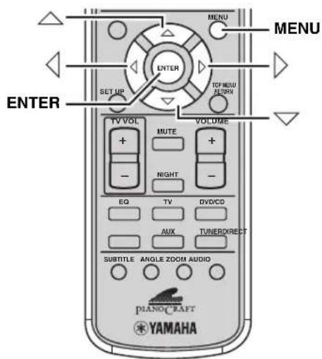 MENU MENU ENTER SET UP VOLUME TV VOL MUTE + - NIGHT EQ TV DVD/CD AUX TUNER/DIRECT SUBTITLE ANGLE ZOOM AUDIO PIANOCRAFT YAMAHA