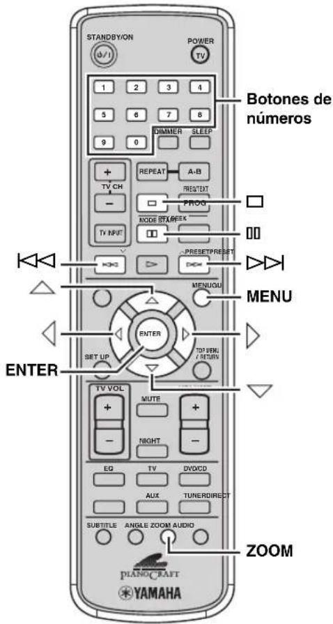 STANDBY/ON POWER TV 1 2 3 4 5 6 7 8 9 0 DIMMER SLEEP + REPEAT A-B TV CH PROG - MODE STA/REF. TV INPUT PRESETPRESSET MENU/OLI MENU ENTER SET UP TOP VEN/ RETURN TV VOL MUTE + - NIGHT - EQ TV DVD/DVD AUX TUNERDIRECT SUBTITLE ANGLE ZOOM AUDIO PIANO/CRAFT YAMAHA ZOOM